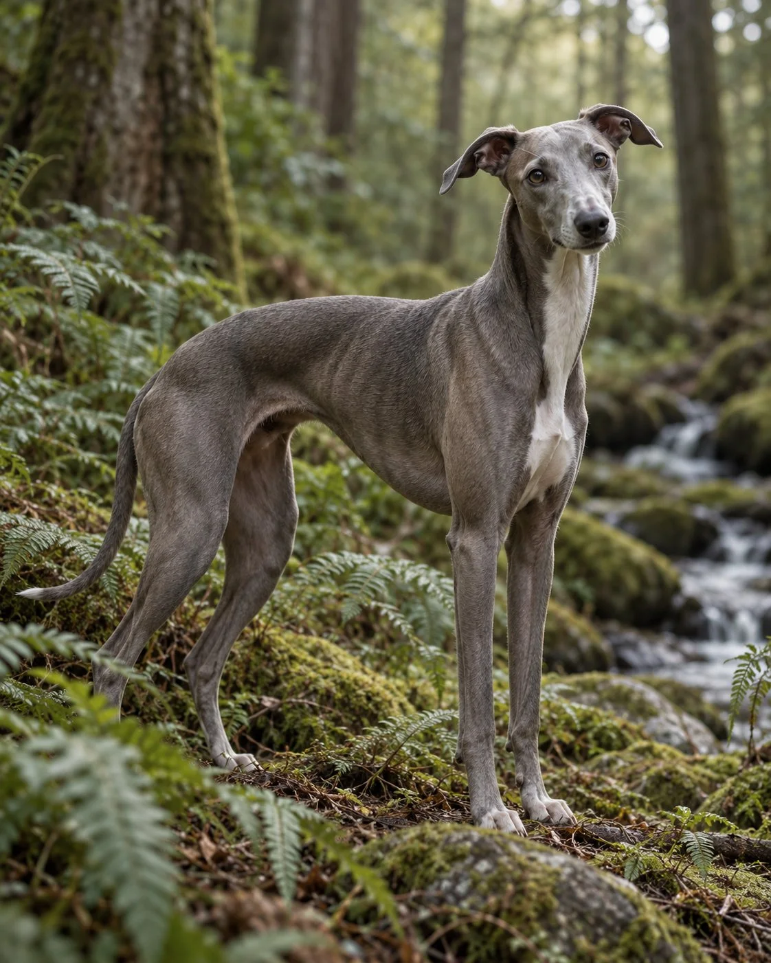 whippet in woodland