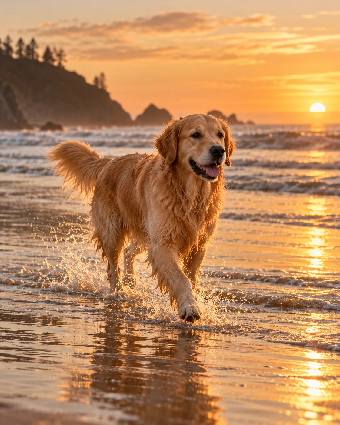 Golden retriever in golden evening light